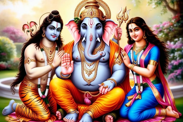 La imagen muestra a Ganesha, Shiva y Parvati, sus padres, sentados juntos y sonrientes