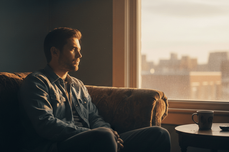 A thoughtful man sits on a sofa by a window, looking out at the city skyline during a golden hour sunset.