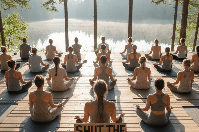 A group yoga class meditates on a wooden deck by a misty lake with a sign that says shut the fuck up.