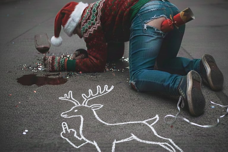 Funny Christmas scene of a person in a Santa hat and ugly sweater beside a chalk reindeer drawing.