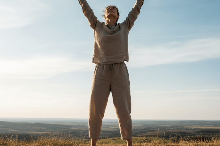 A woman celebrating freedom from societal expectations and rules in a peaceful outdoor setting.