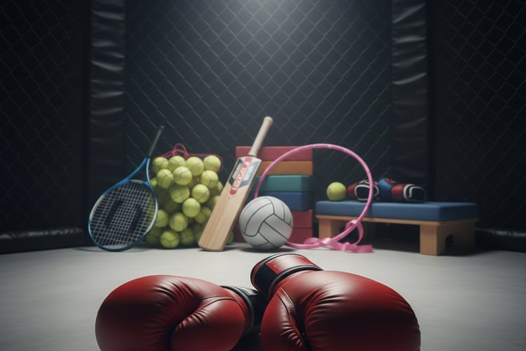 Red boxing gloves in a gym cage with sports equipment like tennis rackets and balls.