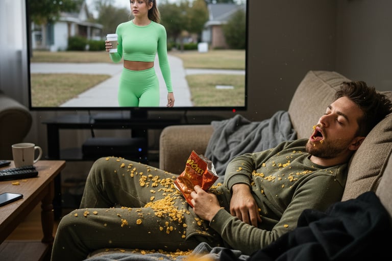 A man sleeping on a sofa covered in snacks while a fitness workout video plays on the TV.