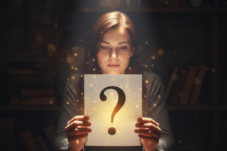 A woman holding a glowing question mark sign in a dark library, symbolizing mystery and curiosity.