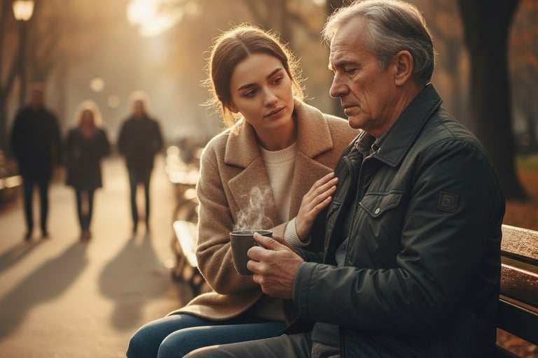 Young woman comforting an elderly man on a park bench with a warm beverage in autumn sunlight.