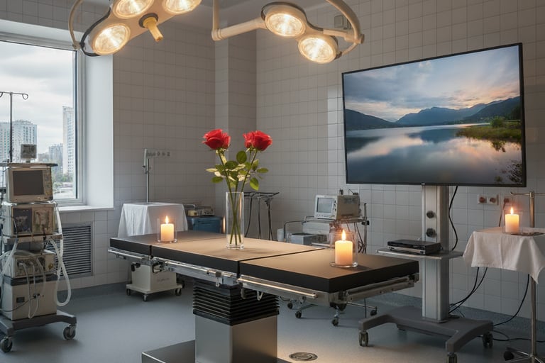 a hospital room with a large screen tv and candles