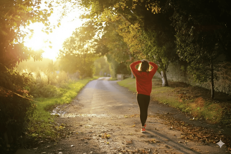 A woman in a red hoodie walking on a sunlit country road during a golden hour sunset.