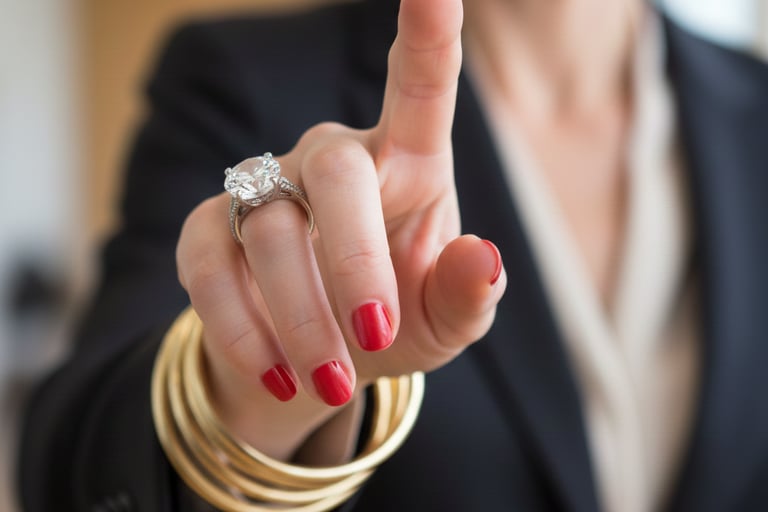 Professional woman with red nails wearing a luxury diamond engagement ring and gold bangles.