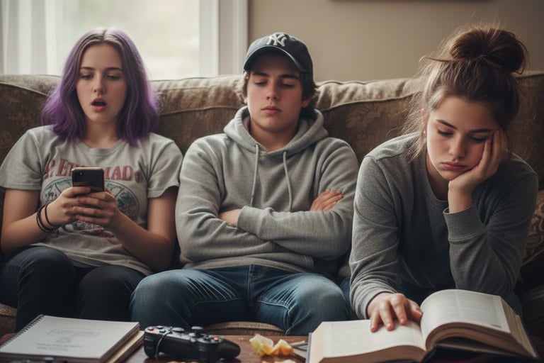 Three bored teenagers sitting on a couch with a phone, video games, and textbooks.