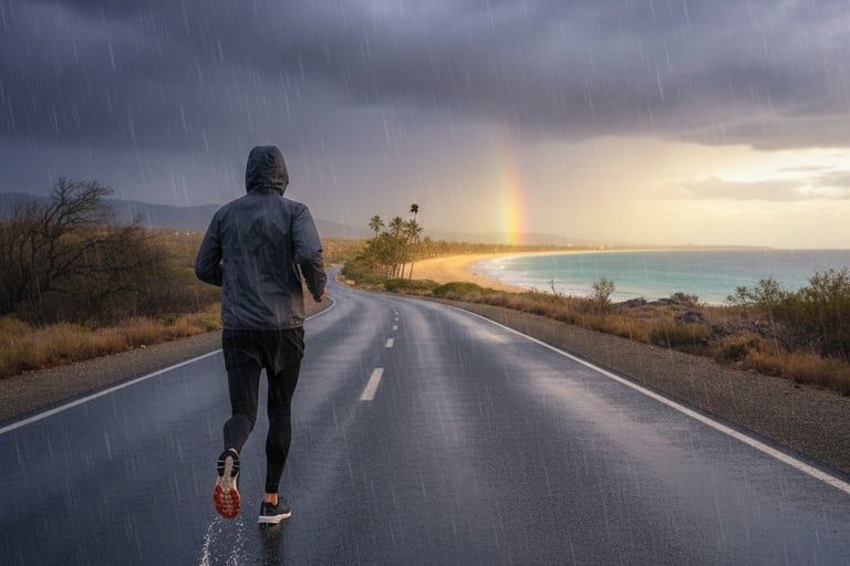 A man in a rain jacket running on a wet coastal road during a storm with a rainbow over the beach.