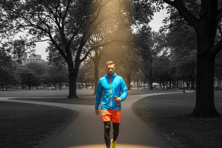 Male runner in colorful athletic wear walking through a park under a dramatic spotlight beam.