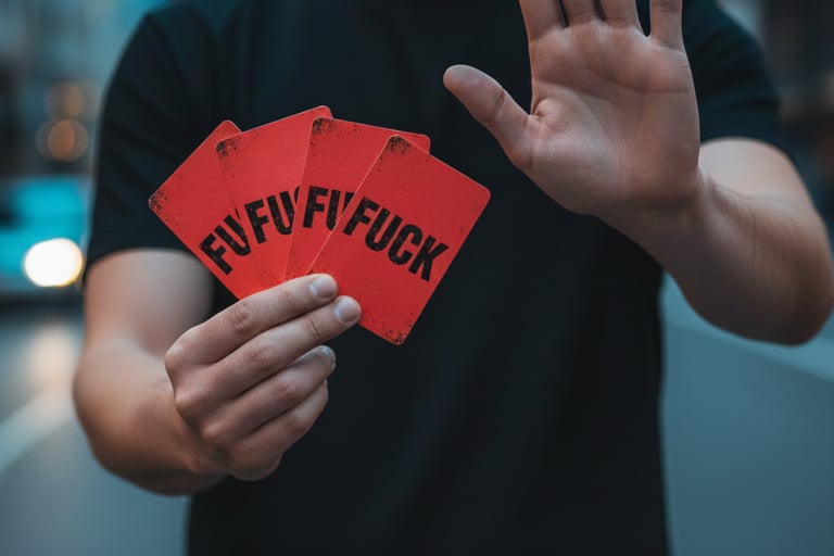 A person in a black shirt holds red cards with bold text while making a stop hand gesture.