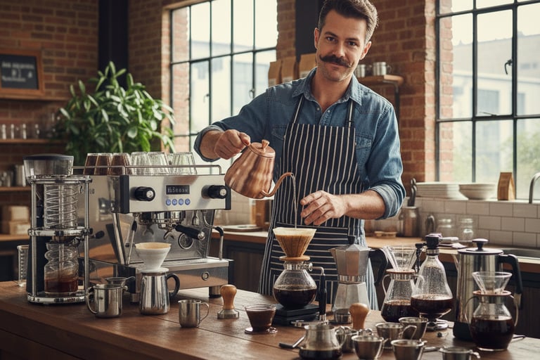 Professional barista pouring hot water from a copper kettle into a pour-over coffee dripper in a rustic cafe.