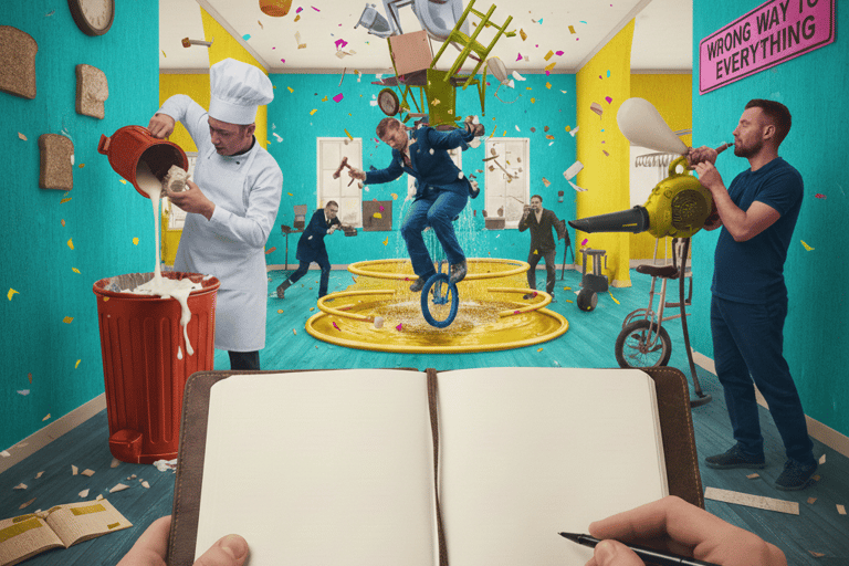 Surreal chaotic office scene with a unicycle rider and chef, viewed from a blank notebook perspective.