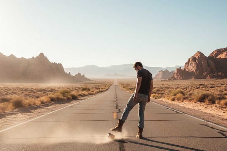 Man kicking a can down the road.