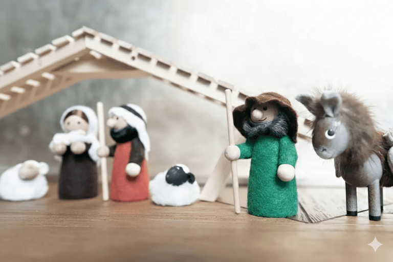Handcrafted felt nativity scene featuring a wooden stable, shepherds, sheep, and a donkey.