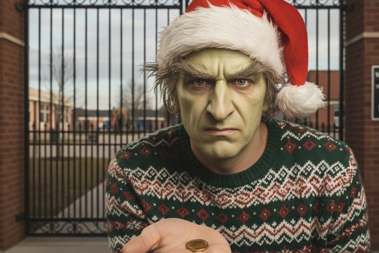 A man in green Grinch makeup and a Santa hat holds a coin outside Westwood Academy gates.