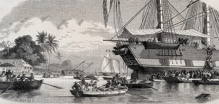Ship unloading indentured workers at a French port