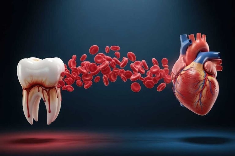 Medical illustration showing the link between gum disease, bloody teeth, and human heart health.