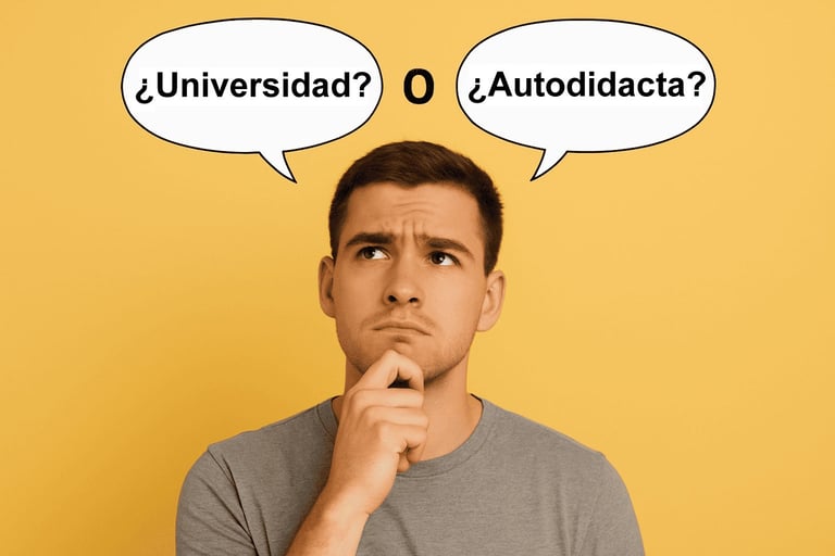joven pensando sobre estudiar programación autodidacta o en universidad