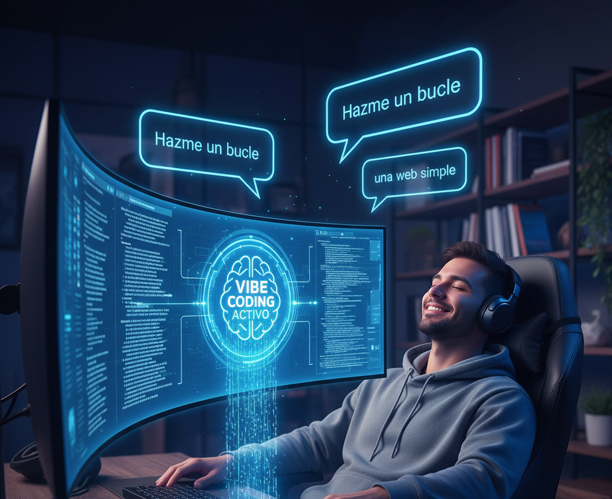 un hombre sentado en un computador haciendo vibe coding