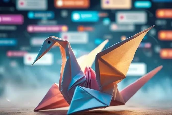 Cisne de origami colorido representando paciência, resiliência e transformação no desenvolvimento pessoal.