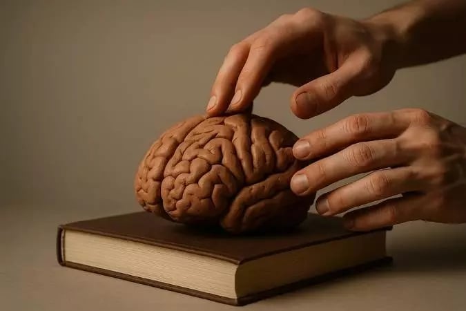  Mãos segurando um modelo de cérebro sobre um livro, simbolizando o impacto da leitura no cérebro.