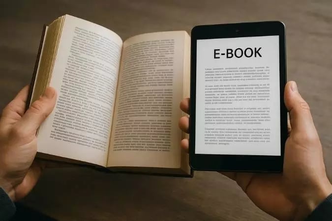 Mãos segurando simultaneamente um livro físico aberto e um e-reader, simbolizando os formatos modernos de leitura