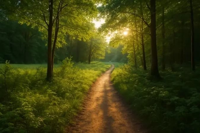 Trilha iluminada pelo sol em meio à floresta, simbolizando o caminho do circuito de recompensa e a motivação cerebral.
