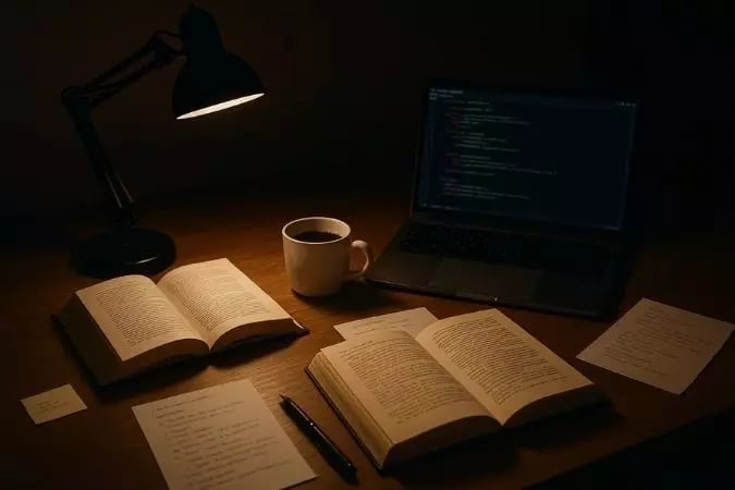Mesa escura com computador e livros, ilustrando o custo da indisciplina e o esforço prolongado.