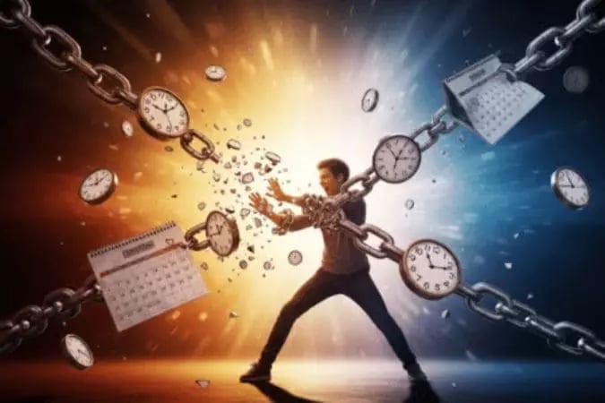 Pessoa quebrando correntes simbolizando a superação de bloqueios mentais e a luta contra a procrastinação, com relógios e cal