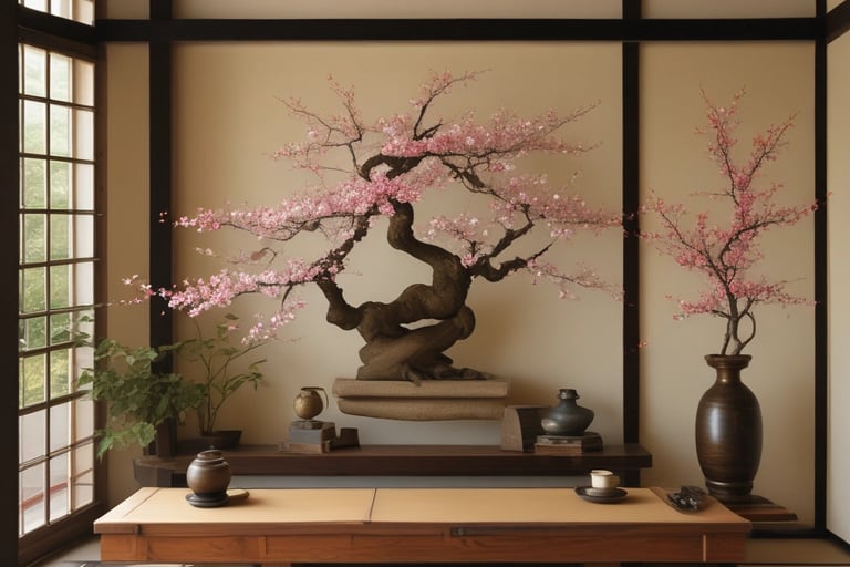 Bright living room with modern inventorytraditioneller japanischer Bonsai – handgepflegte japanische