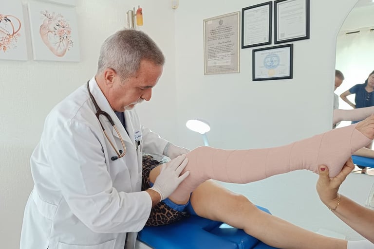 Dr. Antonio Suárez aplicando medias de compresión despues de la Escleroterapia con Espuma