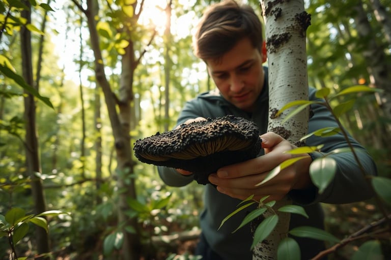 a person holding a chaga mushroom