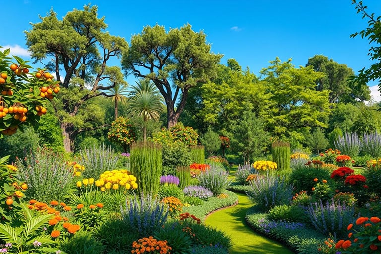 An enchanting food forest design featuring a diverse array of fruit-bearing trees, berry bushes, and