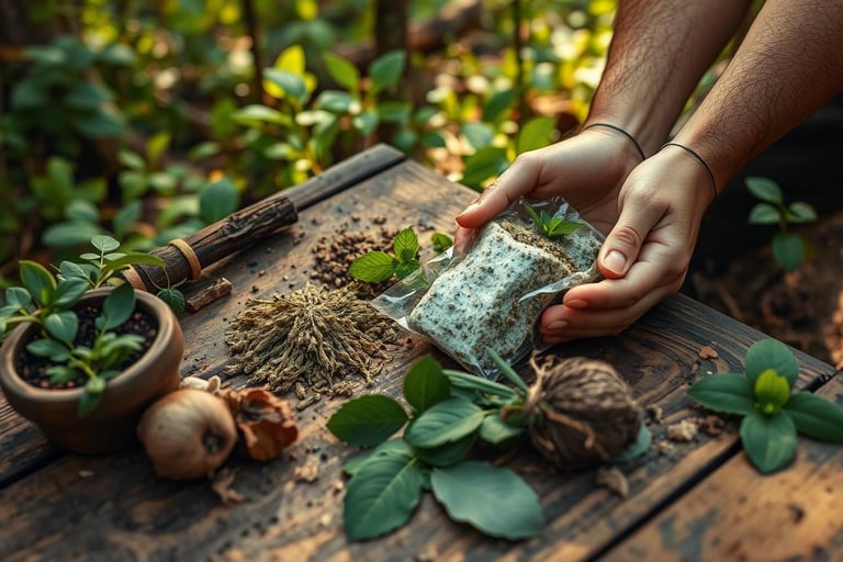 person with sm plastic bag with herbs, forest background