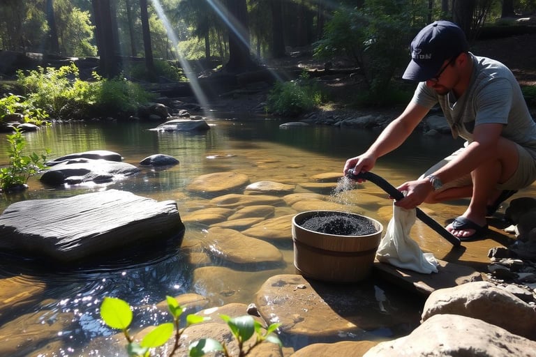  A skilled individual using a makeshift filter made of sand, charcoal, and cloth to purify water..