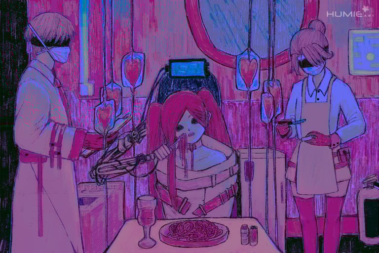 Meal in a lab, the prisoner is fed by a robot arm and supervised by the two doctors. Pink and blue.