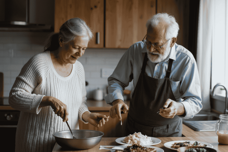 Elderly man cooking for his wife
