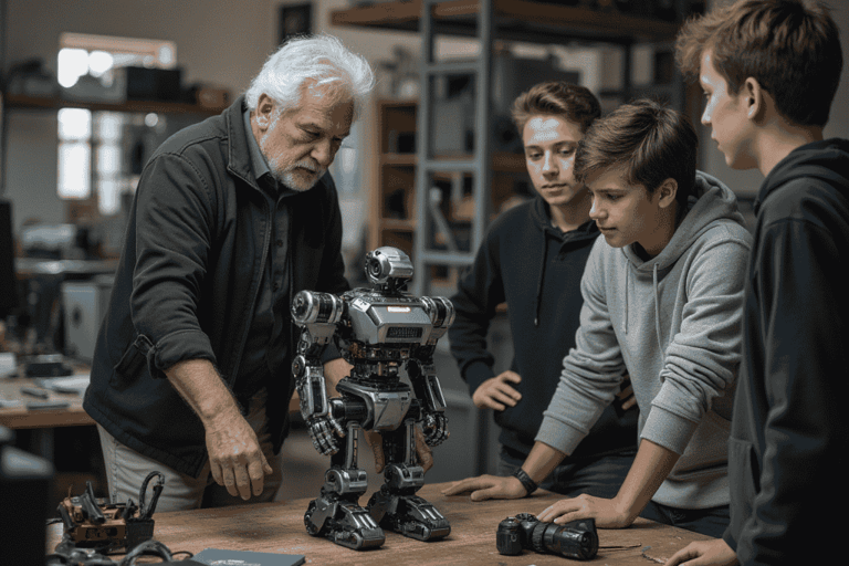 Older man showing kids about robots