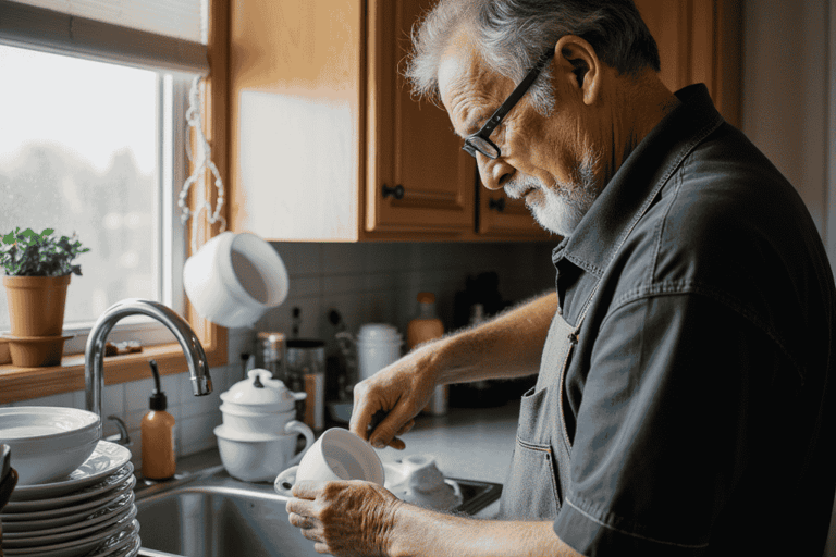 Elderly man washing the dishes