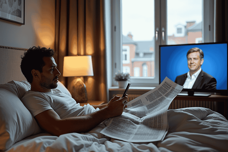 Man in bed doing multitasking