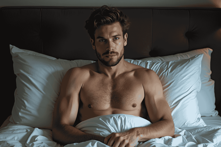 Man in a bed not having rested properly