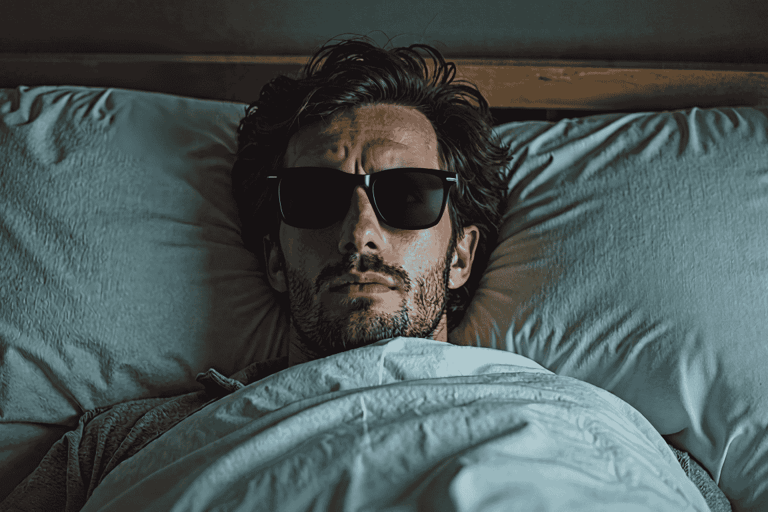 Man wearing dark shades in bed