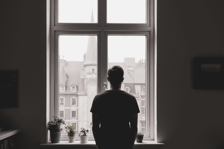 Man at a window in the morning