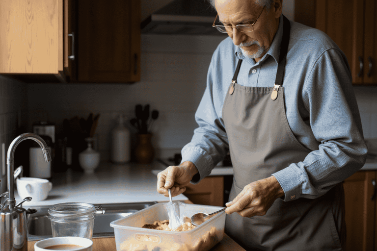 Man cooking breakfast and preparing a lunchbox
