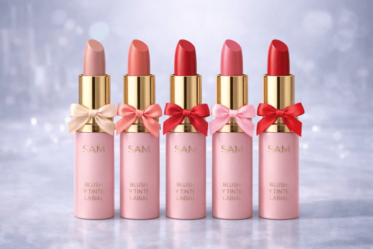 Colección de labiales blush y tinte de SAM Cosméticos en tonos rosados con lazos decorativos.