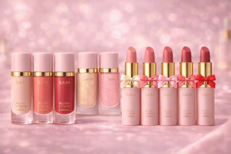Colección de tintas labiales y rubores líquidos S.A.M en tonos rosa sobre un fondo brillante.