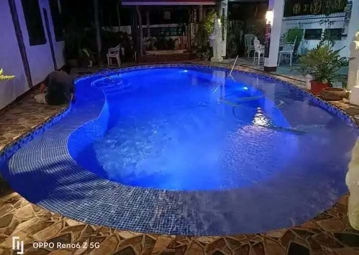 Pemandangan kolam renang yang tenang di malam hari, menciptakan suasana oase di perkotaan.