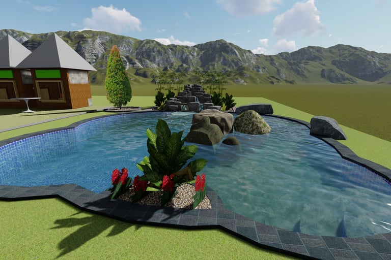 desain 3D kolam renang dengan finishing batu alam.